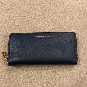 Michael Kors Navy Zip-Around Saffiano Wallet with Gold Hardware
